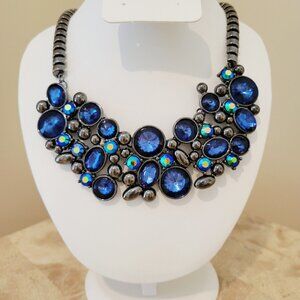 Bold Blue Crystal Bib Statement Necklace – Gunmetal Finish, Mid 2000s